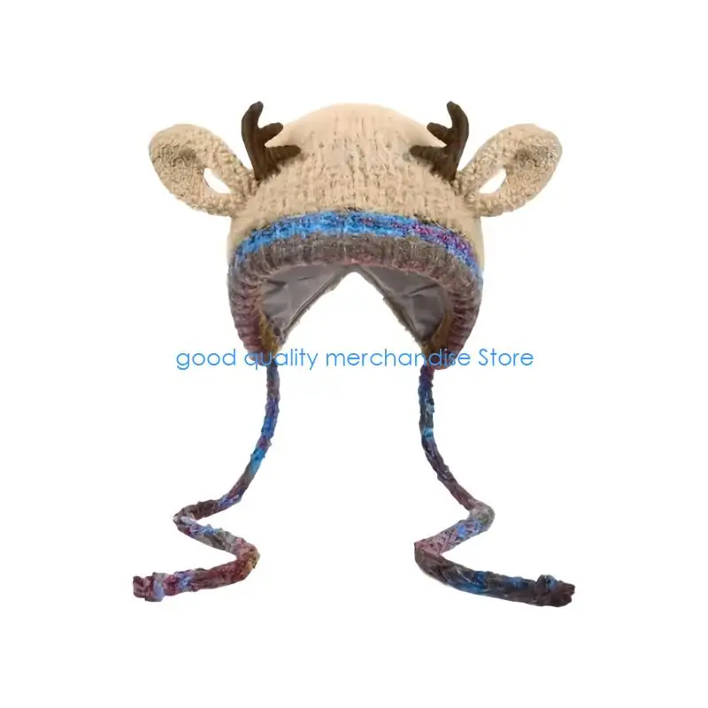 Gorro punto navideño cálido Y5JD, diseño orejas reno para aventuras aire libre, tallas para niños y adultos