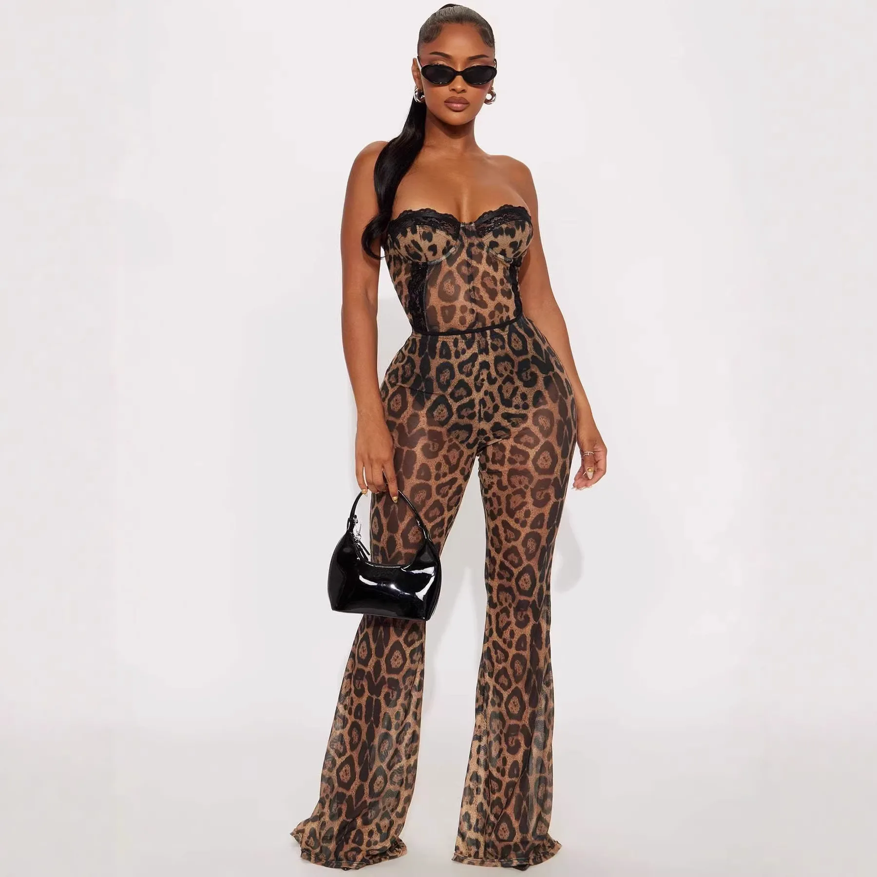 D9976 European Women's Fashion Sexy Leopard Print Off-Shoulder Bodysuit Two-Piece Set (with Bra Pads)