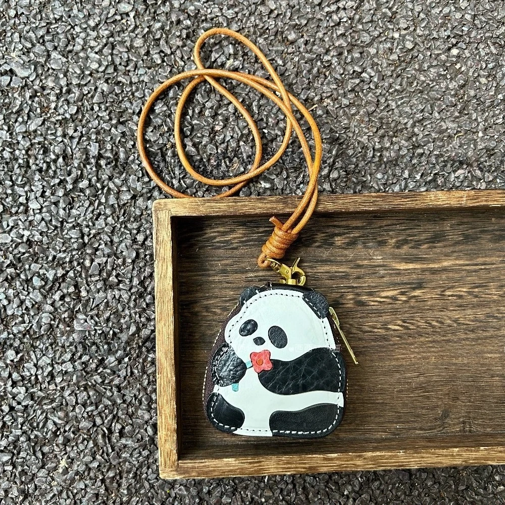 Top-grain Leather Giant Panda Coin Purse Cute Cartoon Neck Hung Small Bag Panda Earphone Storage Pouch Portable Mini Wallet Gift