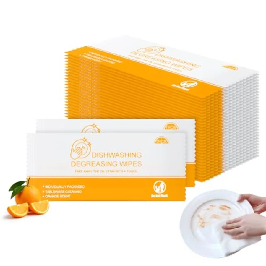 

Dish Cleaning Wipes Individually Wrapped Travel Dish Soap Wipes Orange Scent 7.7"x 7.3" Disposable Wipes Portable for Kitchen O