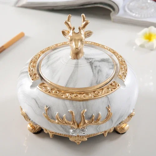 Deer Resin Ashtray with Cover Glass Liner Home Modern Decoration Accessories Portable Ash Storage Box Ornaments