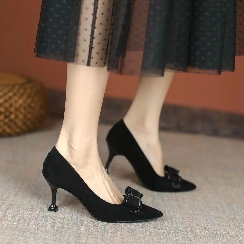 Women's Black High Heels French Elegance Versatile Bow Tie Thin Heel Professional Match Dress Shoes Winter 2024 New Style