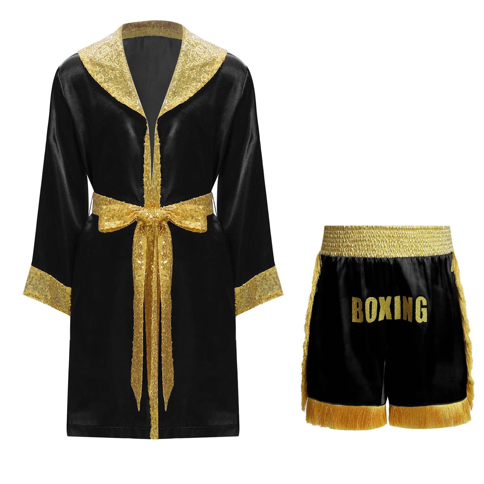

Boxing Wrestling Singlet Competition Satin Boxer Robe with Sequined Belt And Side Slit Tassels Shorts for Boxer Matches Outfits