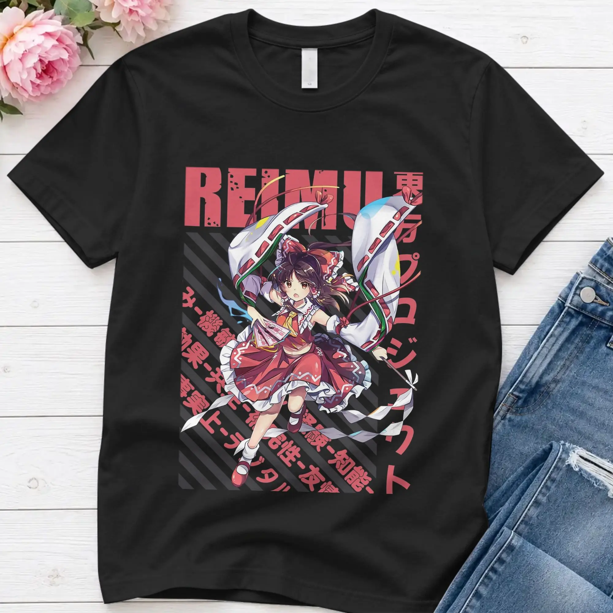 Reimu Hakurei  T-Shirt Summer Touhou Project Cotton T-Shirts For Male Harajuku Print Tshirt Short Sleeves Aesthetic Clothing