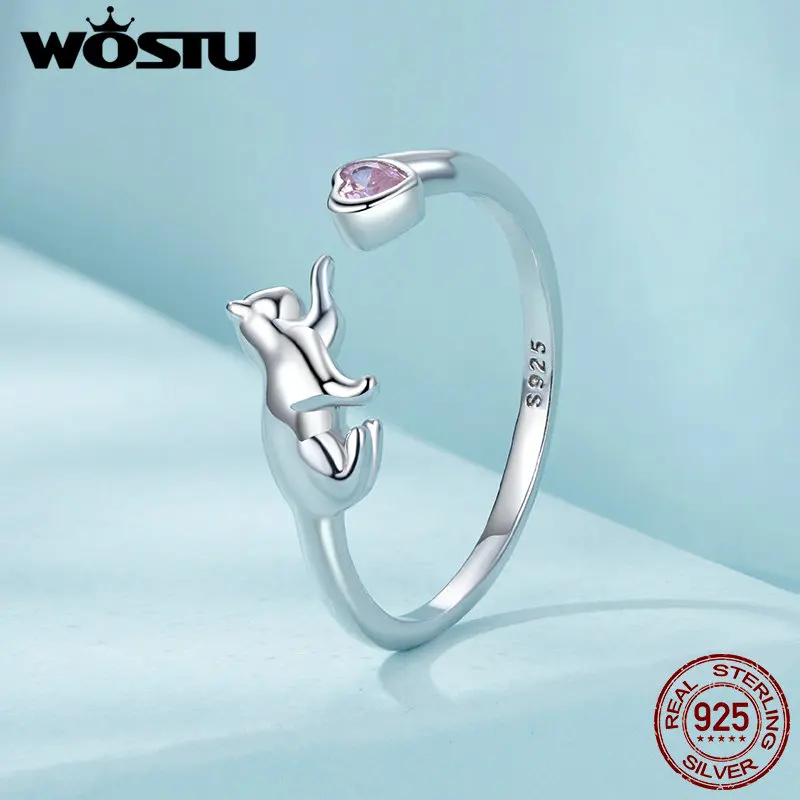 WOSTU 925 Sterling Silver Cat Open Ring With Pink Zircon Adjustable Kitty lovely Ring For Women Girl Daily Fine Jewelry Gifts