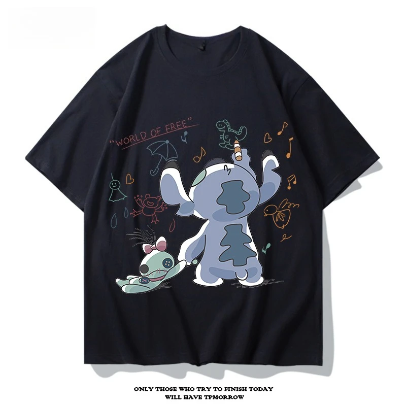 

Stitch Joint Short-sleeved T-shirt Men's 2025 Cartoon Print Bottoming Shirt Pure Cotton Couple Wear Boys and Girls Street Top