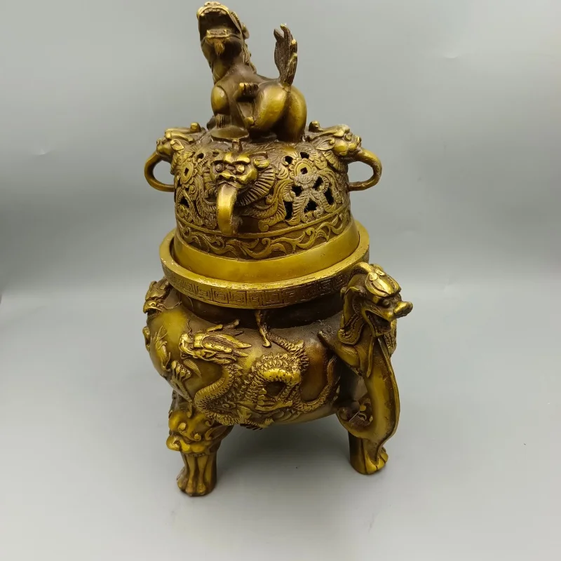 Guyunzhai Antique Copper Boy Meets Girl Animal Ears Lion Cover Incense Burner Home Decoration Gifts & Crafts Antique Wholesale