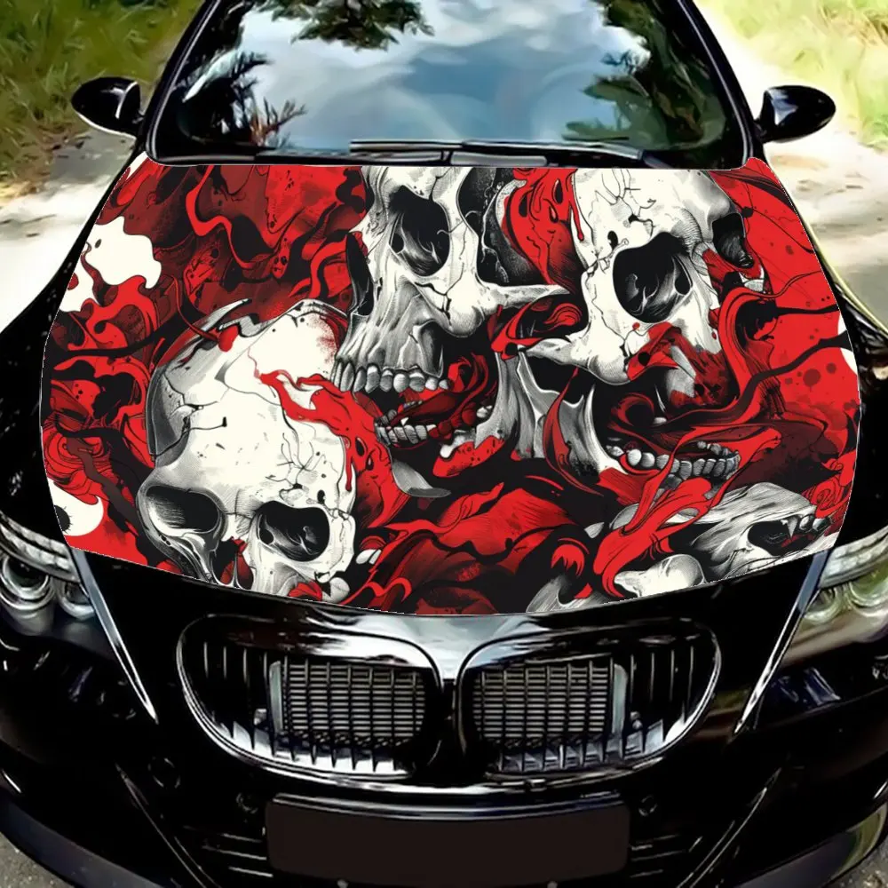 

Череп красный и серый цвет в стиле ужасов, обертка на капот автомобиля, цветная виниловая наклейка, графический капот грузовика, автоаксессуары, декор, наклейка, подарок
