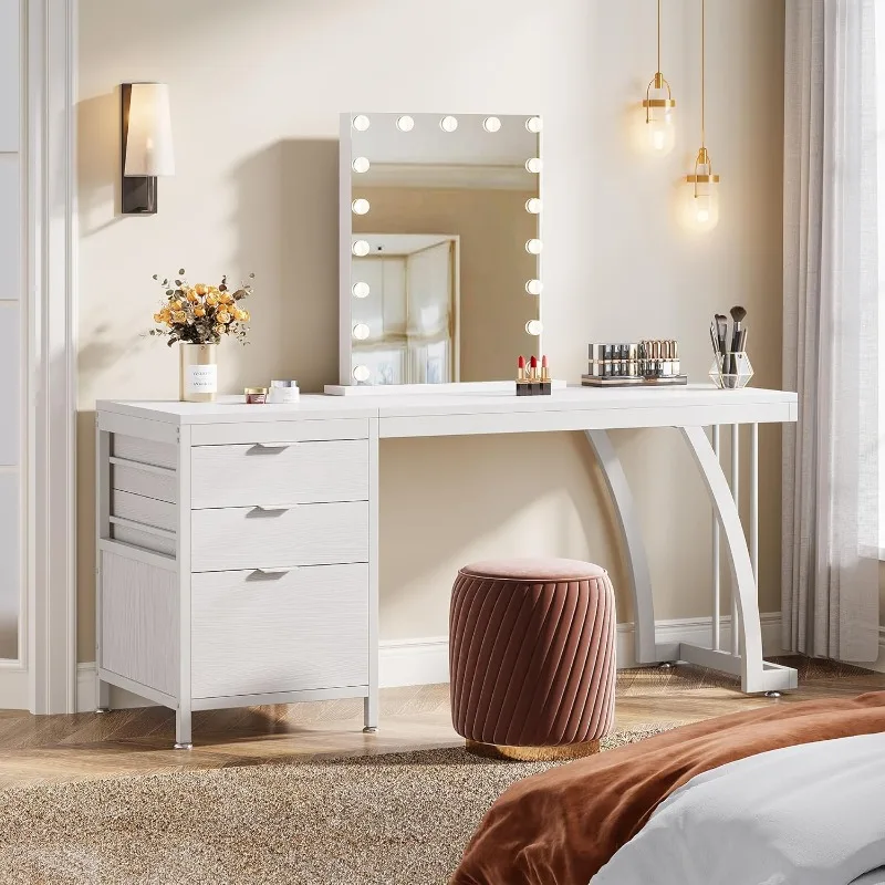 Vanity Desk with 3 Drawers, 59-Inch Large Dressing Table with Reversible Drawers, Chic Makeup Desk for Women