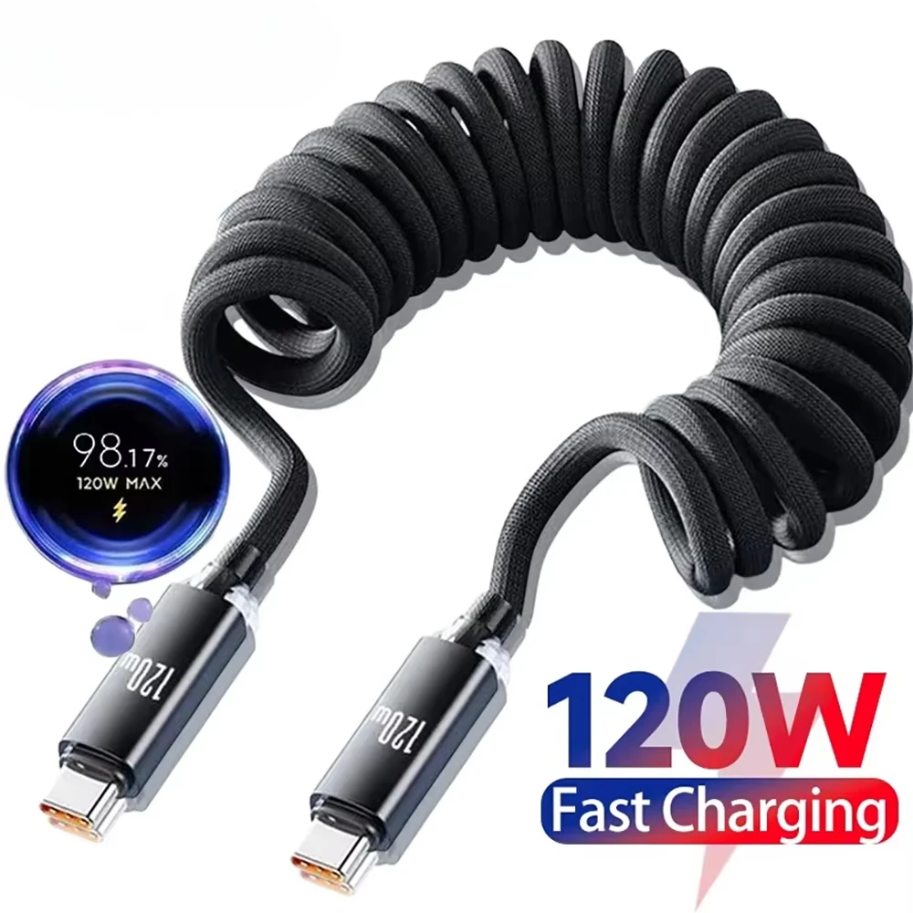 Cabo de Dados Retrátil de 120W para Carro, USB C para Tipo C, Cabo de Carregamento Rápido para iPhone 15 16 Samsung Xiaomi