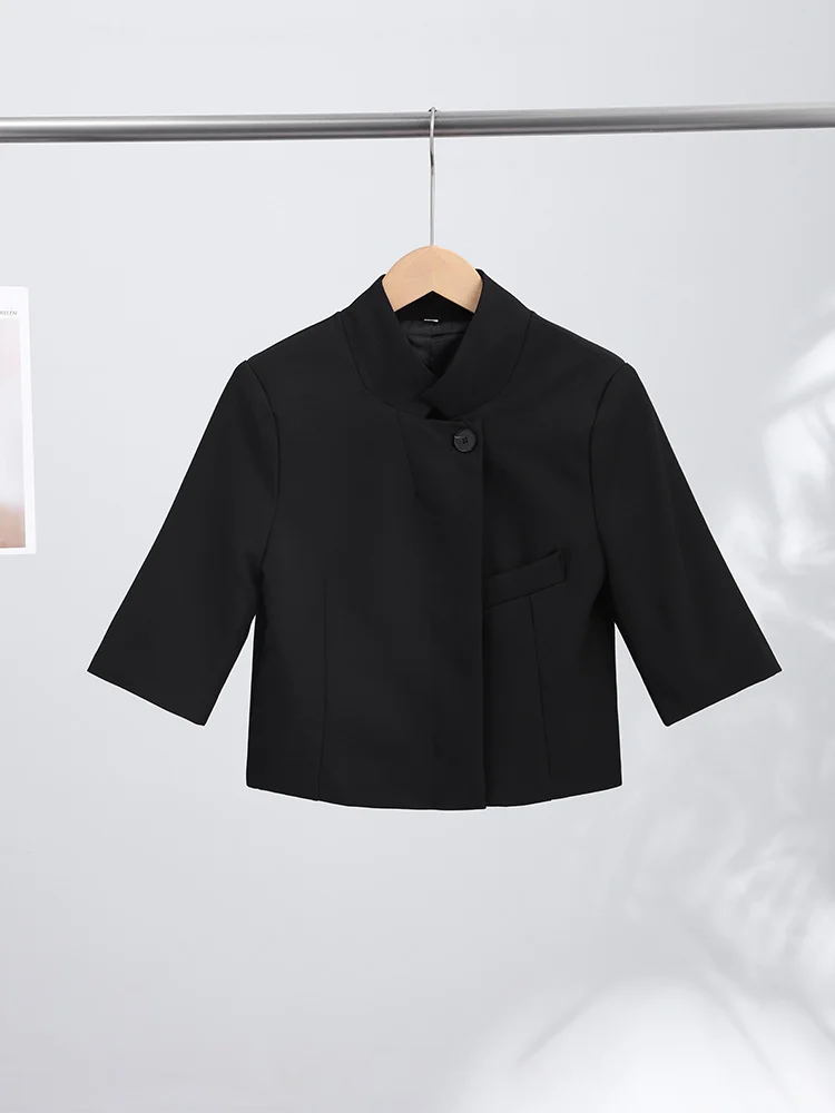 Elegant Women's Black Cropped Blazer Coats Autumn Stand Collar Single-breasted Short Sleeve Female Coat 2026 Fashion Streetwear - view 5