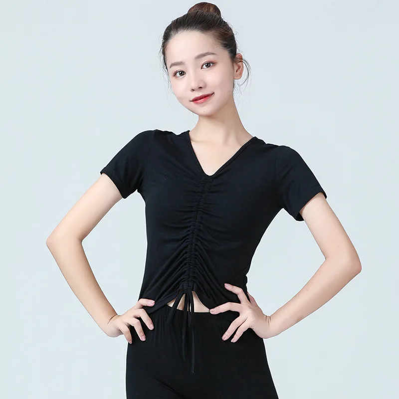 ละตินเต้นรำเสื้อผ้าผู้หญิงฤดูร้อนใหม่ Dance Drawstring โมเดิร์นเสื้อ Ballroom Body การฝึกอบรมละติน Tops