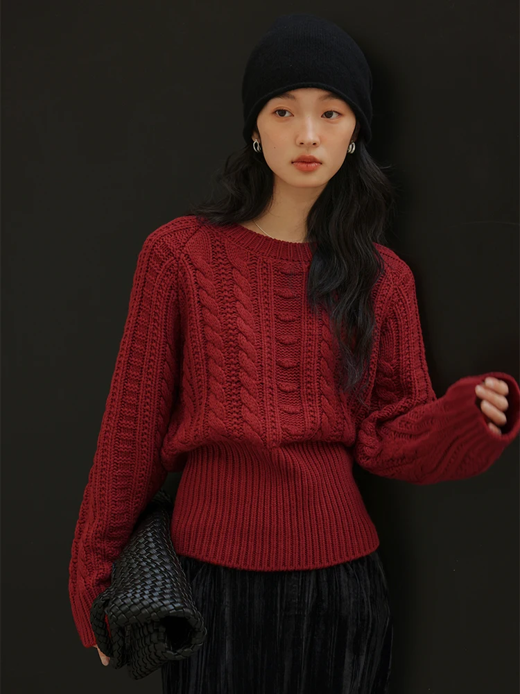 

Красный вязаный свитер Moofeel в стиле ретро, осень-зима 2023, круглый женский шерстяной цветной топ с застежкой на талии