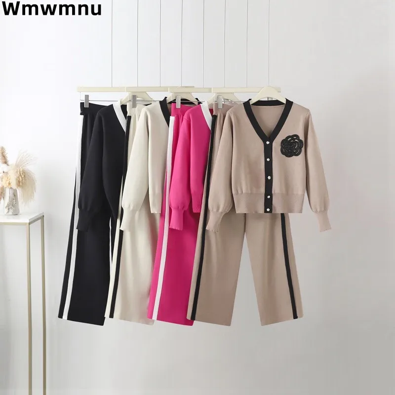 Fall Winter Women Knitted 2 Piece Sets Casual Elegant Sweater Cardigan Tops Conjunto Side Stripe High Waist Wide Leg Pants Suit