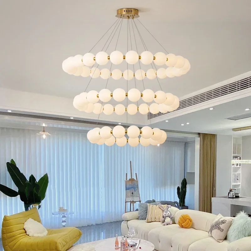 Nordic Modern Cream Pearl Chandelier Luxury LED Pendant Light Pearl Circle Ceiling Lamp Living Room Dining Room Bar Home Decor