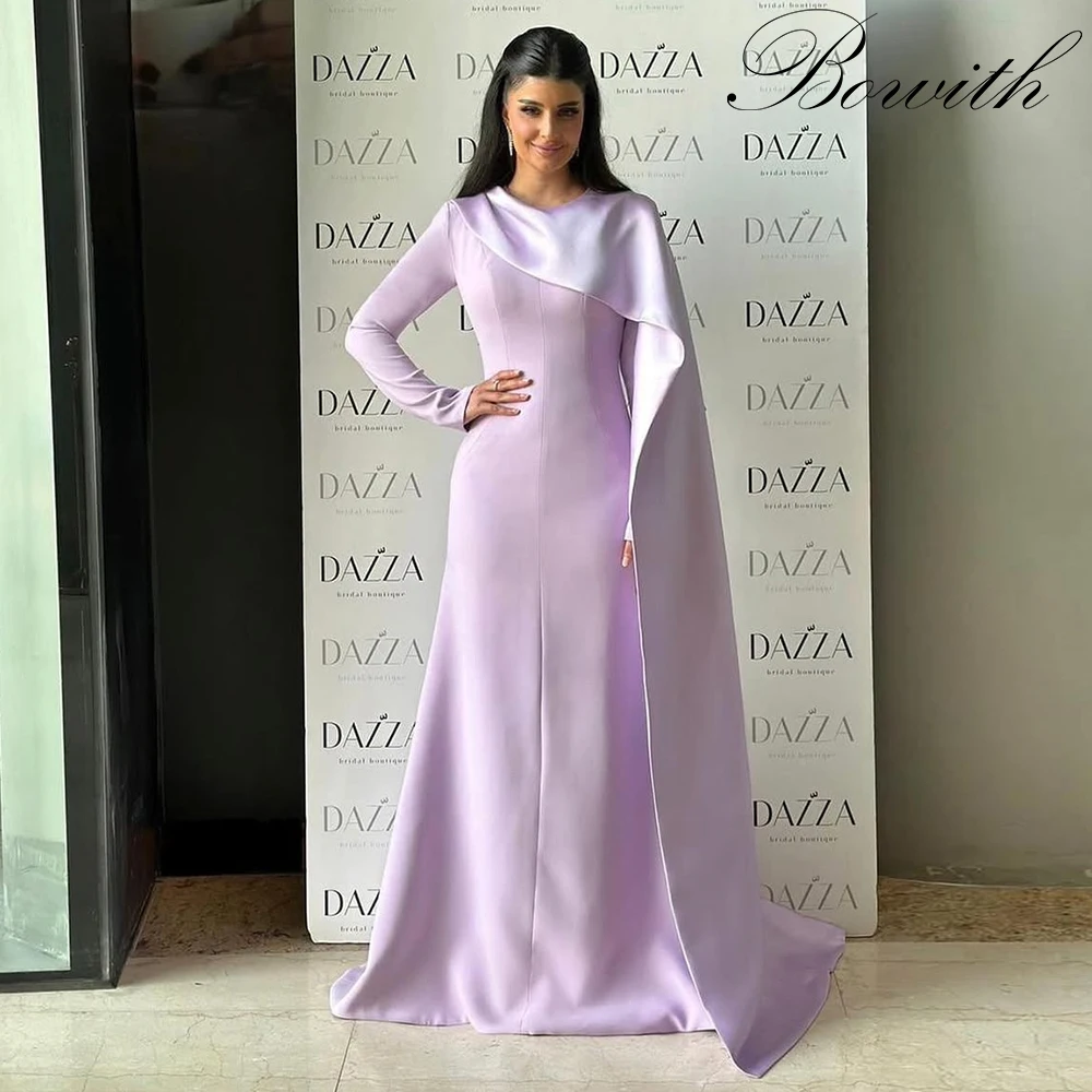 

Bowith Lavender Formal Evening Dresses Satin O-Neck Long Sleeves Prom Gown Customized A-line Party Dress with Shawl