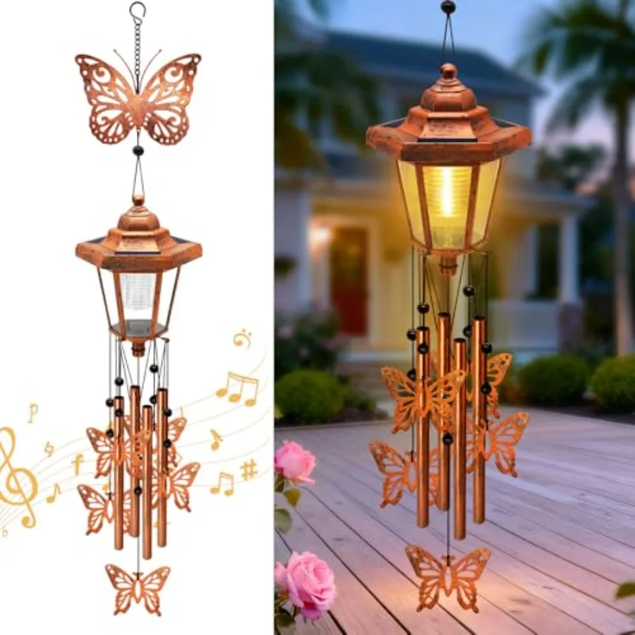 

Outdoor garden solar butterfly wind chimes, bronze metal, classic bronze color, dual solar-powered lighting and gentle chime so