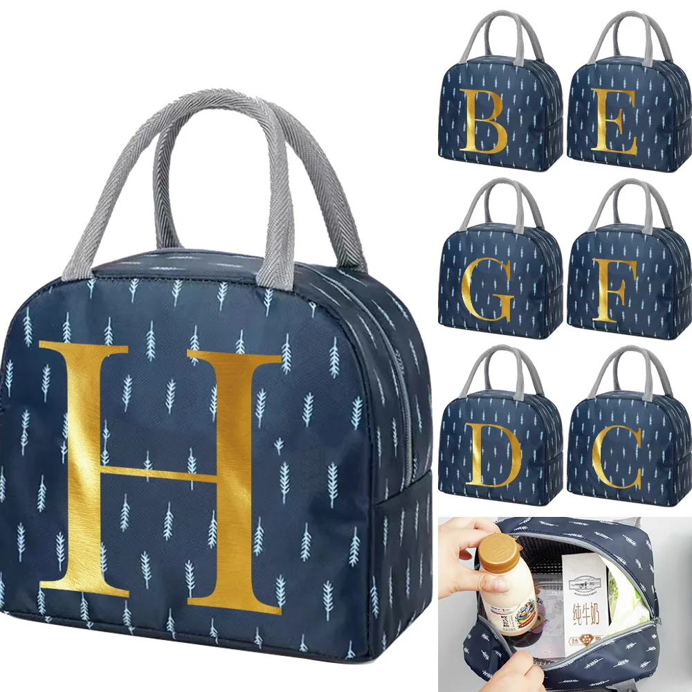 

Insulated Canvas Lunch Bag for Kid Boys Zipper Printing letter Portable Blue Cute Tote Bags waterproof Bento