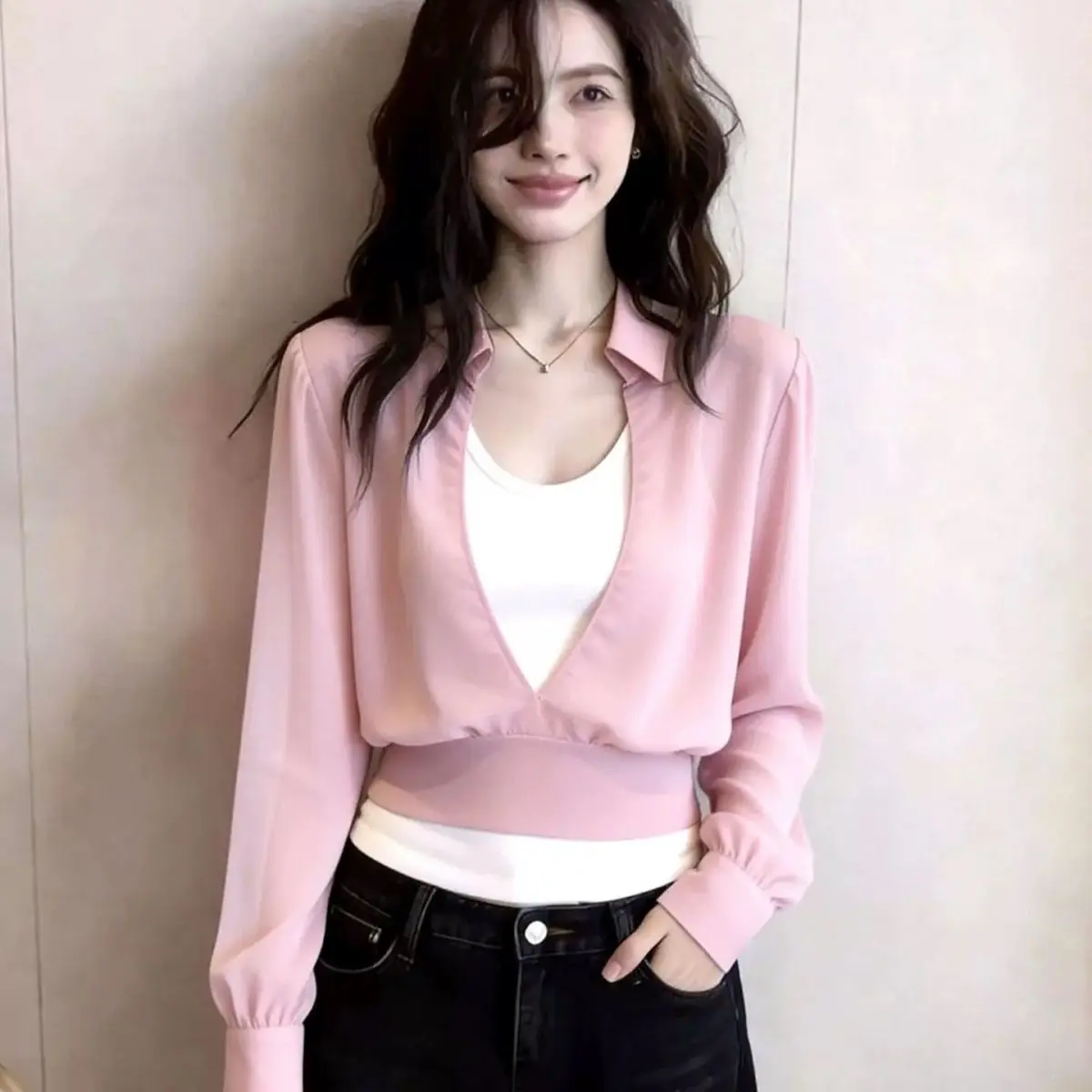 

Elegant Long Sleeve Women's Shirt Sun Protection Waist Cinching Design Sensual Summer New Style Gentle Wind V-Neck Polyester ...