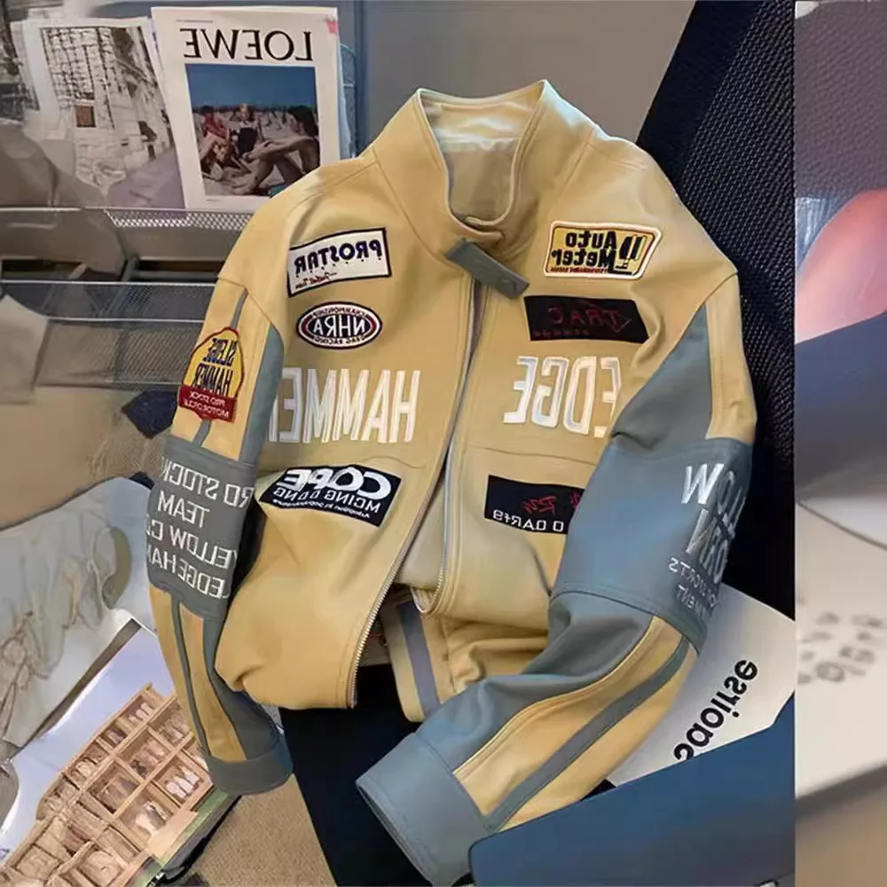 Amerikanische Modemarke bestickte Leder-Baseballjacke für Männer und Frauen, Winter, High Street, Vintage, coole Racing-Motorradjacke