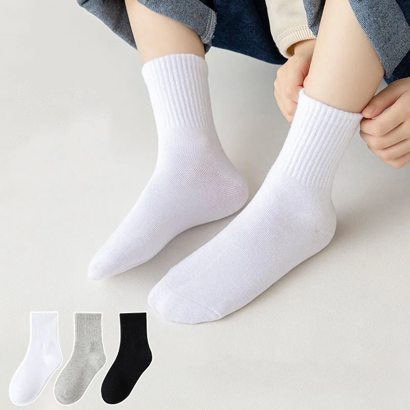 5 Pairs Solid Color Cotton Soft Kids Socks Breathable Absorbing Sweat Sport Socks Boys Girls Middle Tube Sock for 3-13 Year