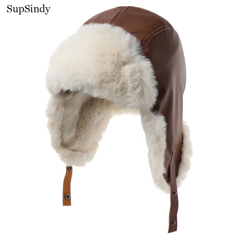 SupSindy Men Winter Bomber Hat Outdoor Motorcycle Windproof Warm Faux Fur Pilot Earflap Hat Leather Thermal Ushanka Snow Cap