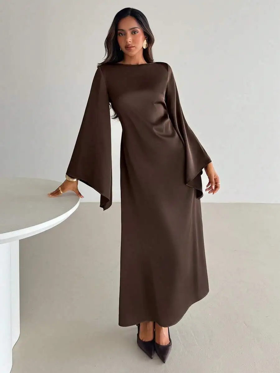 

Elegant Brown Satin Long Sleeve Maxi Dress With Flare Sleeve And O-Neck For Party Holiday