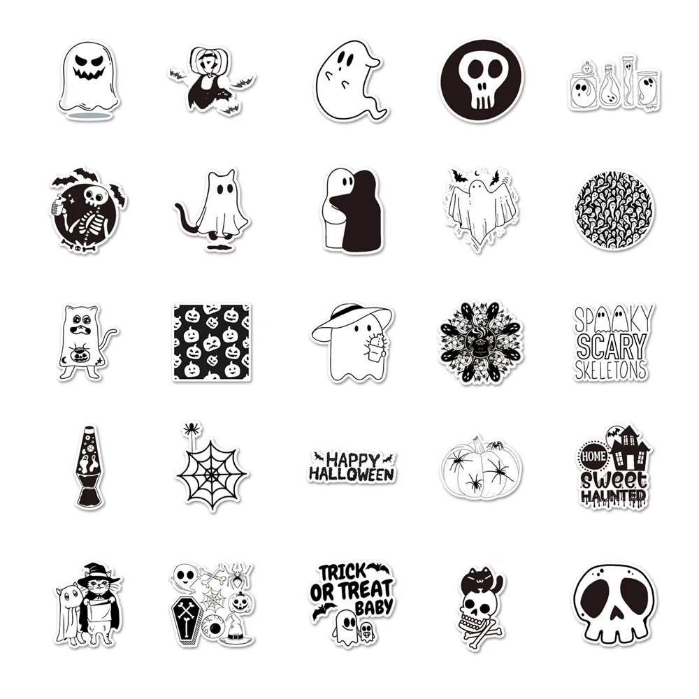 50pcs Black White Halloween Stickers For Phone Scrapbook Stationery Craft Supplies Vintage Spooky Sticker Scrapbooking Material