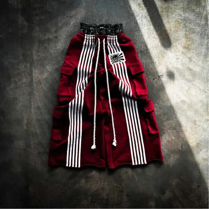 سراويل مخططة مزدوجة الخصر، سراويل مستقيمة مقسمة مكونة من قطعتين، سراويل رياضية غير رسمية على طراز الهيب هوب، للجنسين