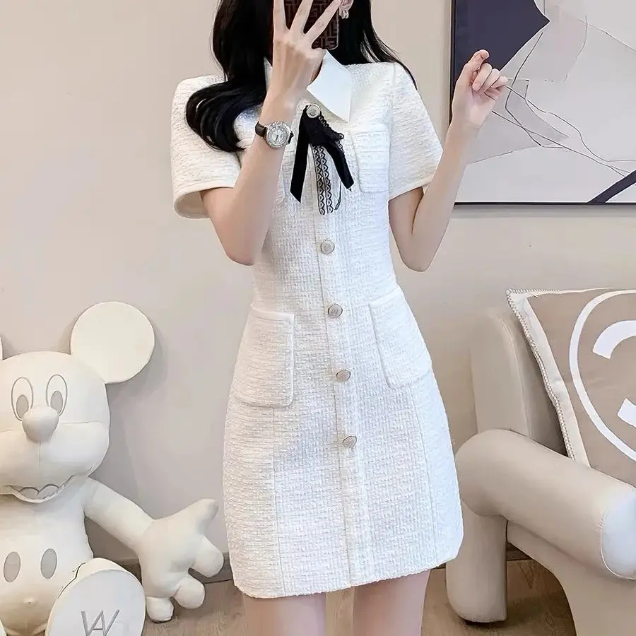 White Bow Pocket Buttons Short Sleevs A-line Dress For Women\'s Summer New Temperament French Waist Slimming Small Fragrant Style