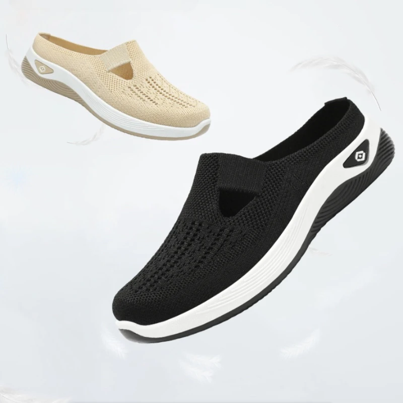 Woman Shoes Summer Women's Walking Non-Slip Breathable Knit Half Slippers Elderly Ladies Indoor Outdoor Casual Shoes for Woman