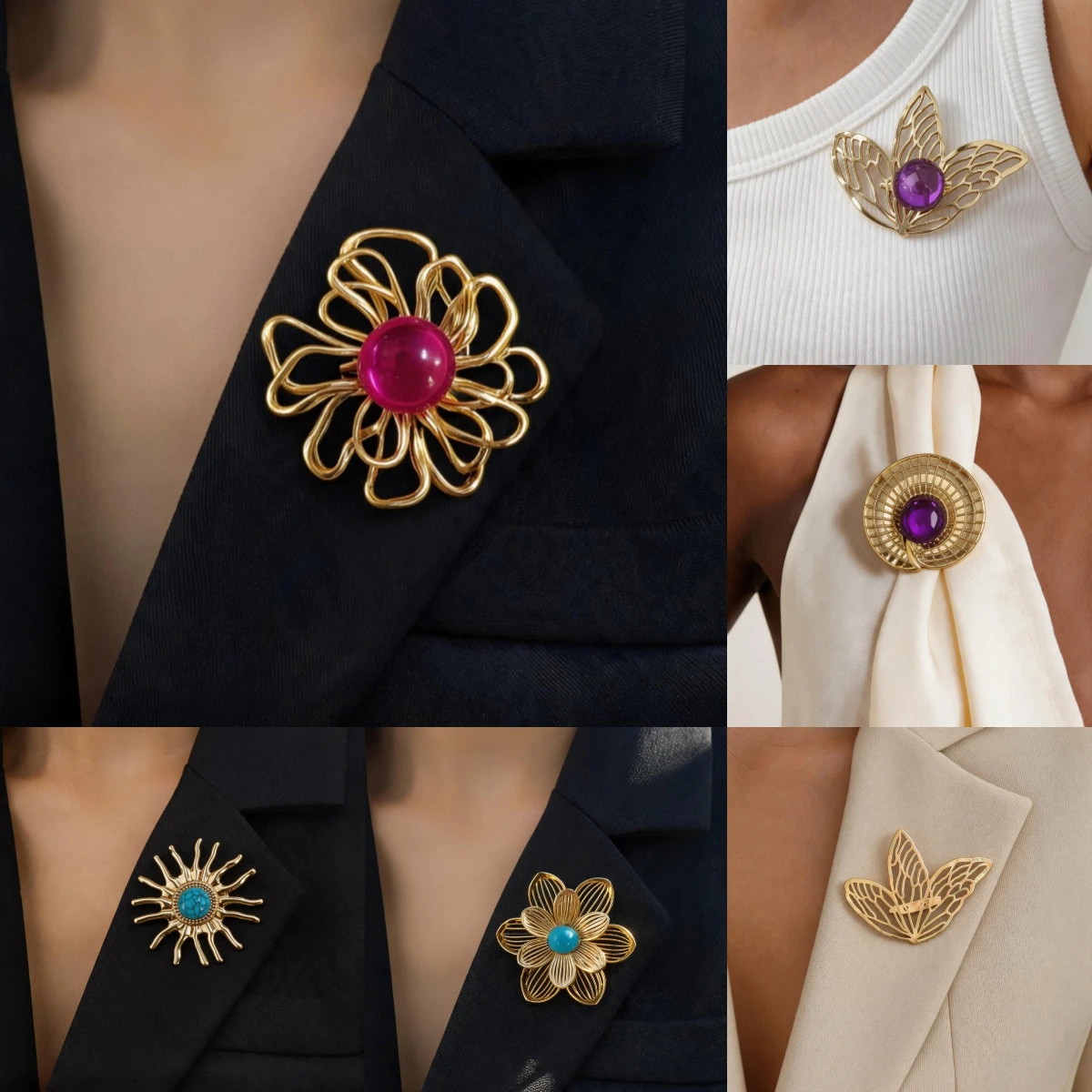 Cross border gold flower brooch, light luxury high-end hollow flower chest flower, women's accessories
