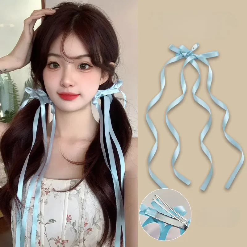 2pcs Braided Bows Hair Clips Ribbons Double Ponytails Ultra Cute Headwear Trendy Fashionable Korean Style Sweet Long Hairpins