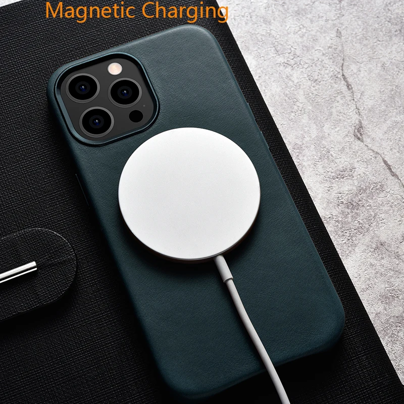 Genuine Leather Phone Case For iPhone 13 Pro Max Luxury Magnetic Charging Real Skin Back Cover For Apple iPhone 13 Mini