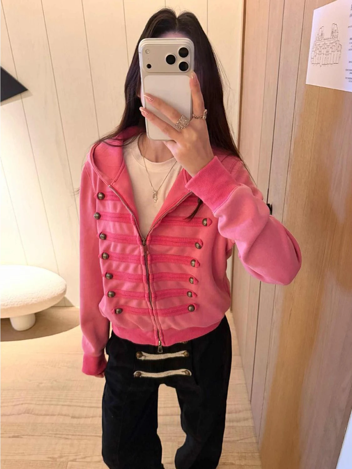 Washed American Design Hoodie Jacket Zipper Casual Loose Couples Sweatshirt Cotton Blend Long Sleeve Short Length Zipper - view 4