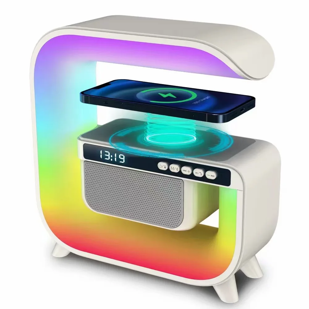 Multifunctional Bluetooth Speaker Alarm Clock Wireless Mobile Phone 15W Colorful Wireless Charging Subwoofer RGB Table Light