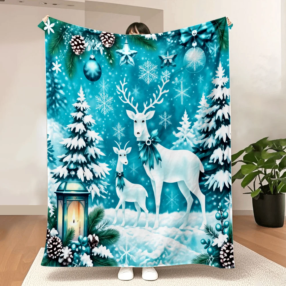 1PC Christmas Deer and Sherrin Print Blanket-Made of soft, fluffy flannel, perfect for the sofa or bed. Holiday options for Chri