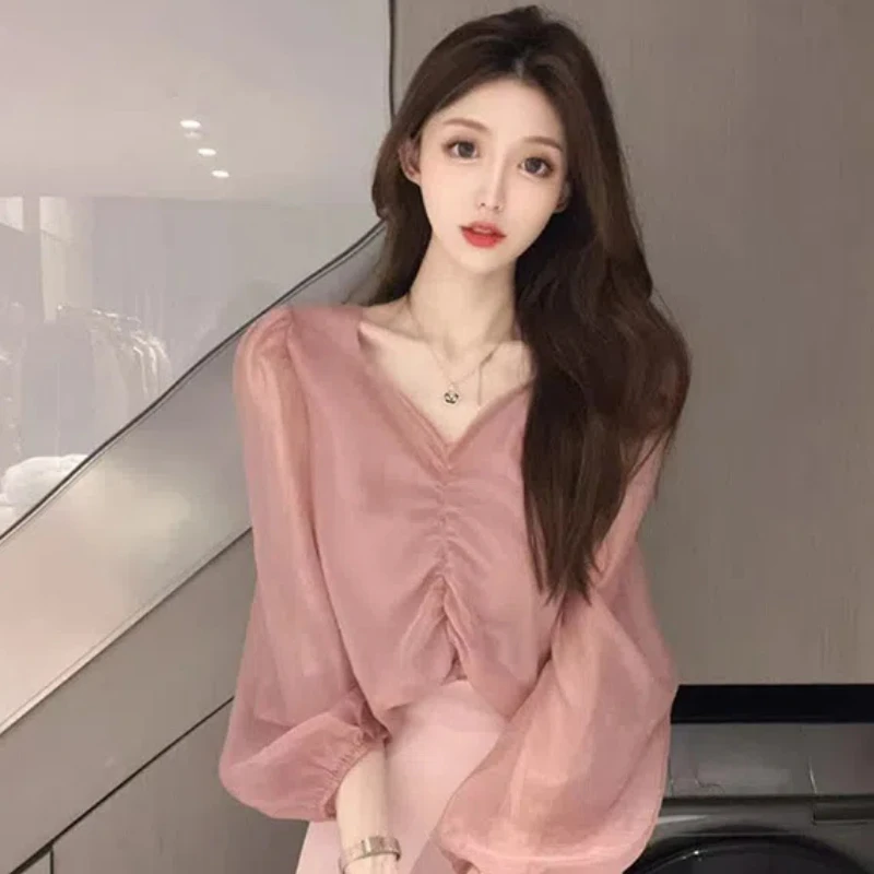 

New Korean Sweet V Neck Puff Simplicity Blouse Pleated Puff Sleeve Solid Color Loose Shirt Tops Elegant Fashion Women Clothes