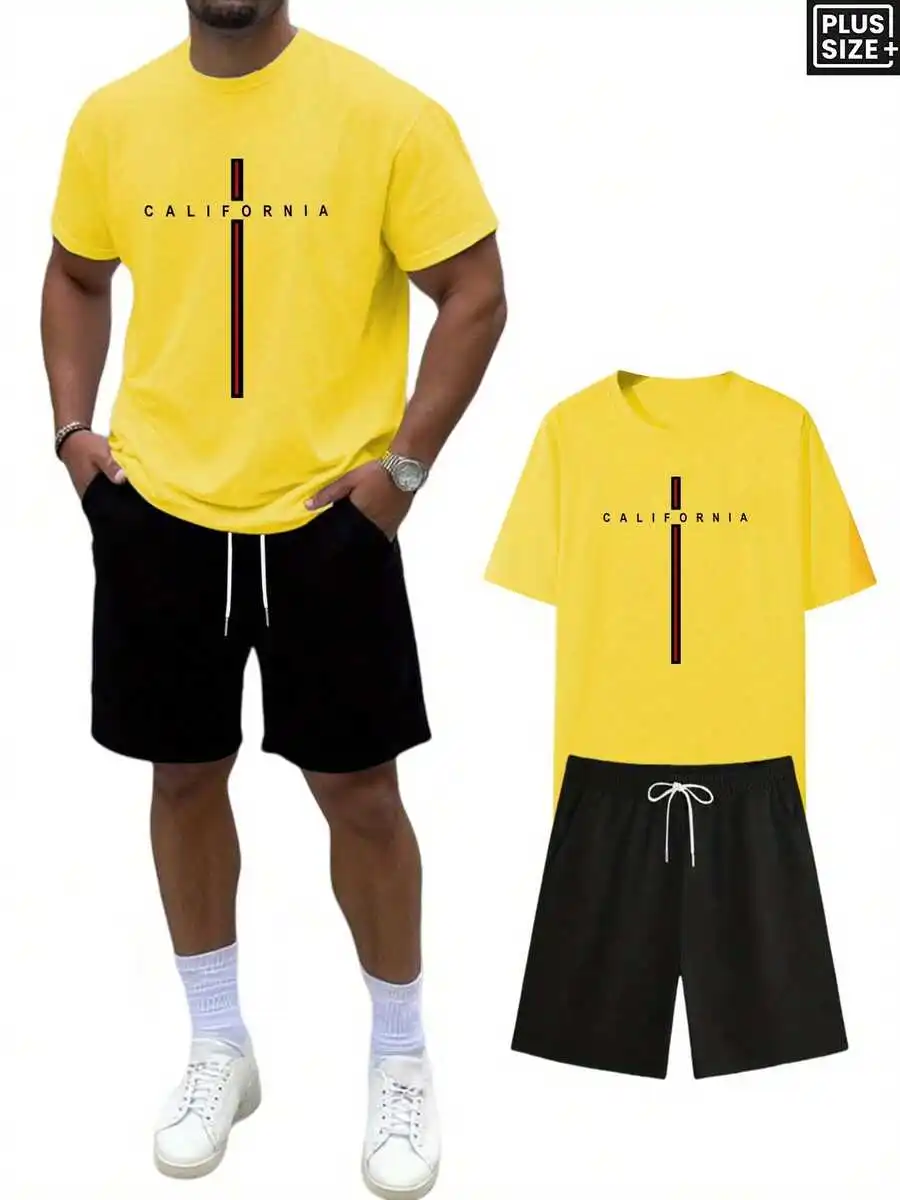 

Mens Cotton Casual T-Shirt And Shorts Set With California Graphic Print