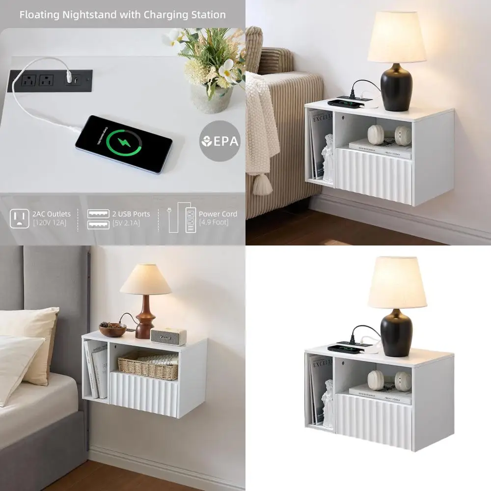 Contemporary White Fluted Floating Nightstand with Charging Port, Drawer Storage, USB & Outlets, Left-Sided Bedroom Furniture
