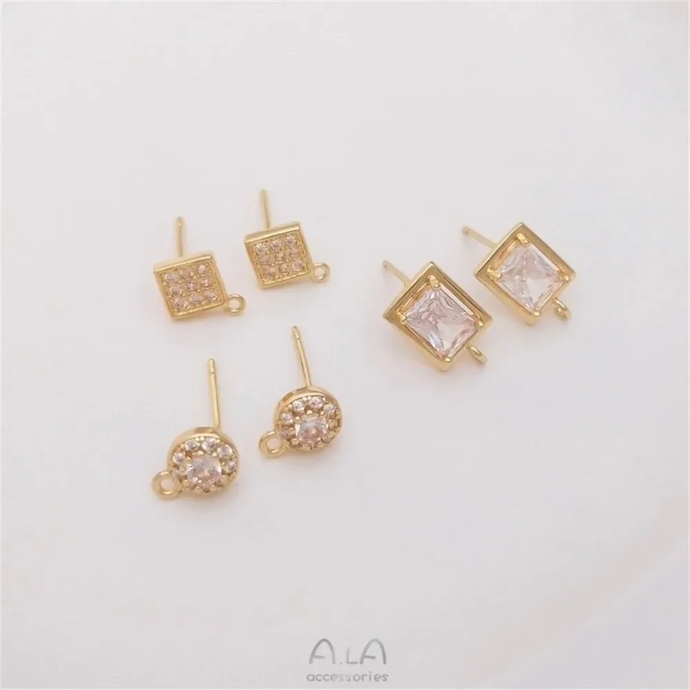 14K Gold Inlaid Zircon Round Diamond Rectangular Earrings with Hanging Rings 925 Silver Ear Pins DIY Earrings E224