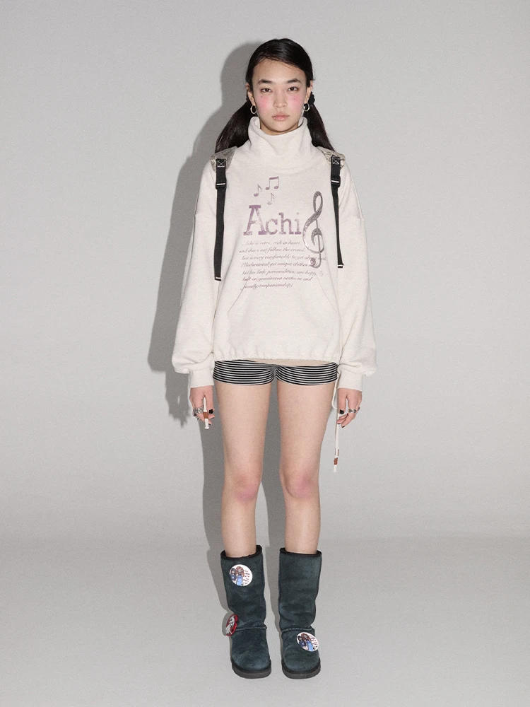 

Женский свитшот Achihara Music H с высоким воротником, модный повседневный топ с длинными рукавами из хлопка и полиэстера, весенне-осенний топ