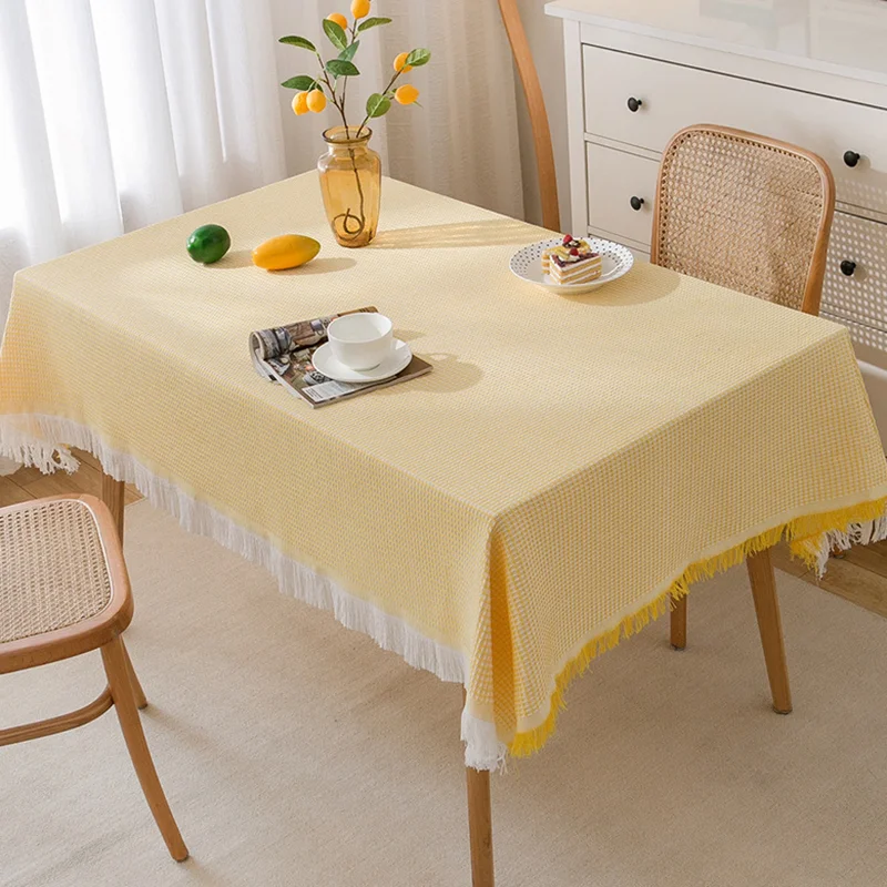 High-End T-Shaped Solid Tablecloth for Dining Soft Rectangular Table Decor with Tassels Easy-Care Dustproof Furniture Protector
