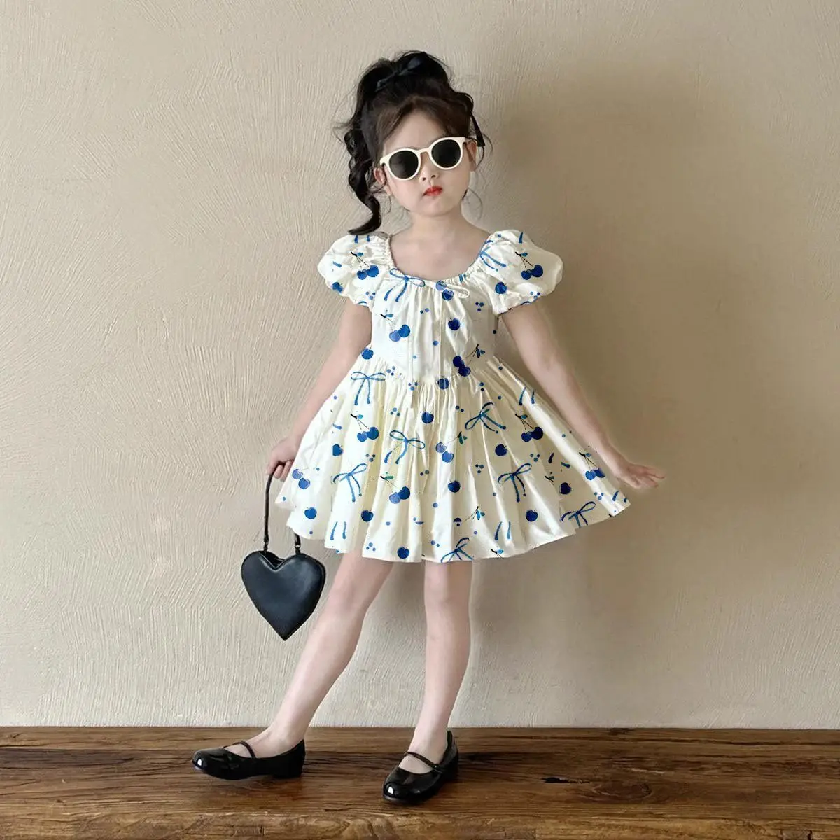 

Summer New Girl Printed Dress with Bow Cherry Children's Princess Short Sleeve Dress