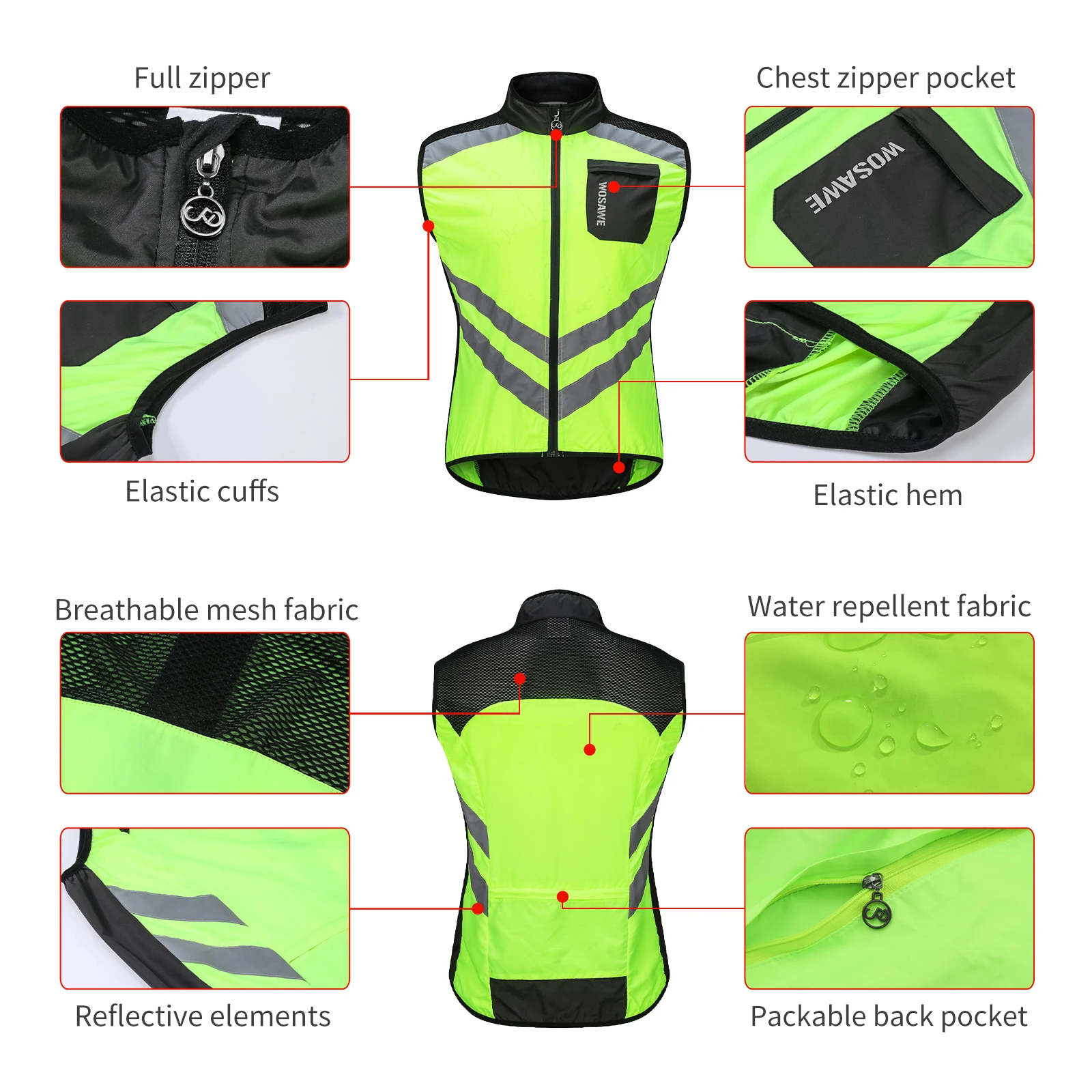 WOSAWE Cycling Vests Night Reflective Vest Bicycle Sportswear Outdoor Running Breathable Jersey For Men Women Bike Wind Coat