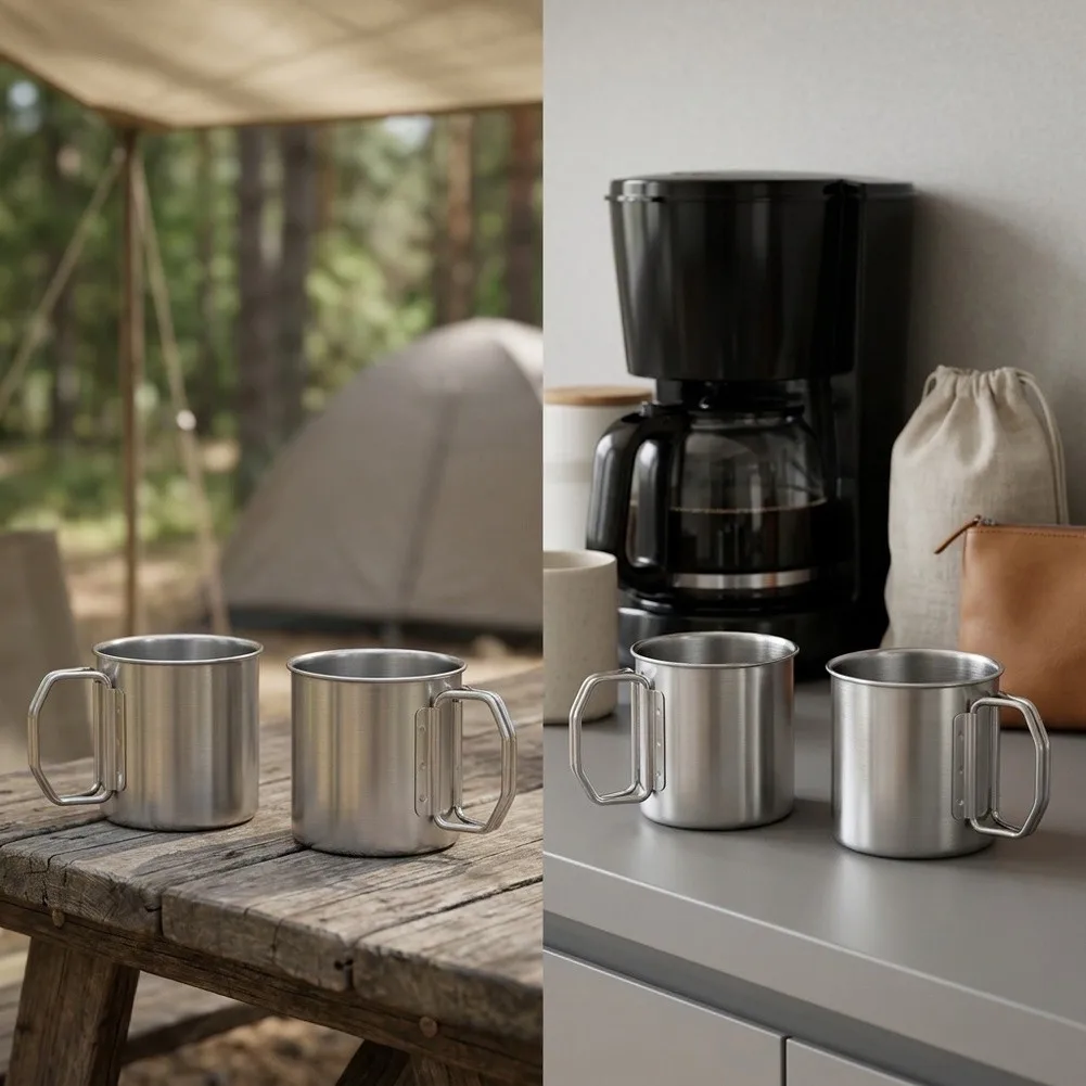 4 Pack Rust Resistant Stainless Steel Mugs Featuring Collapsible Side Handles for Camping Travel and Routine Drinking