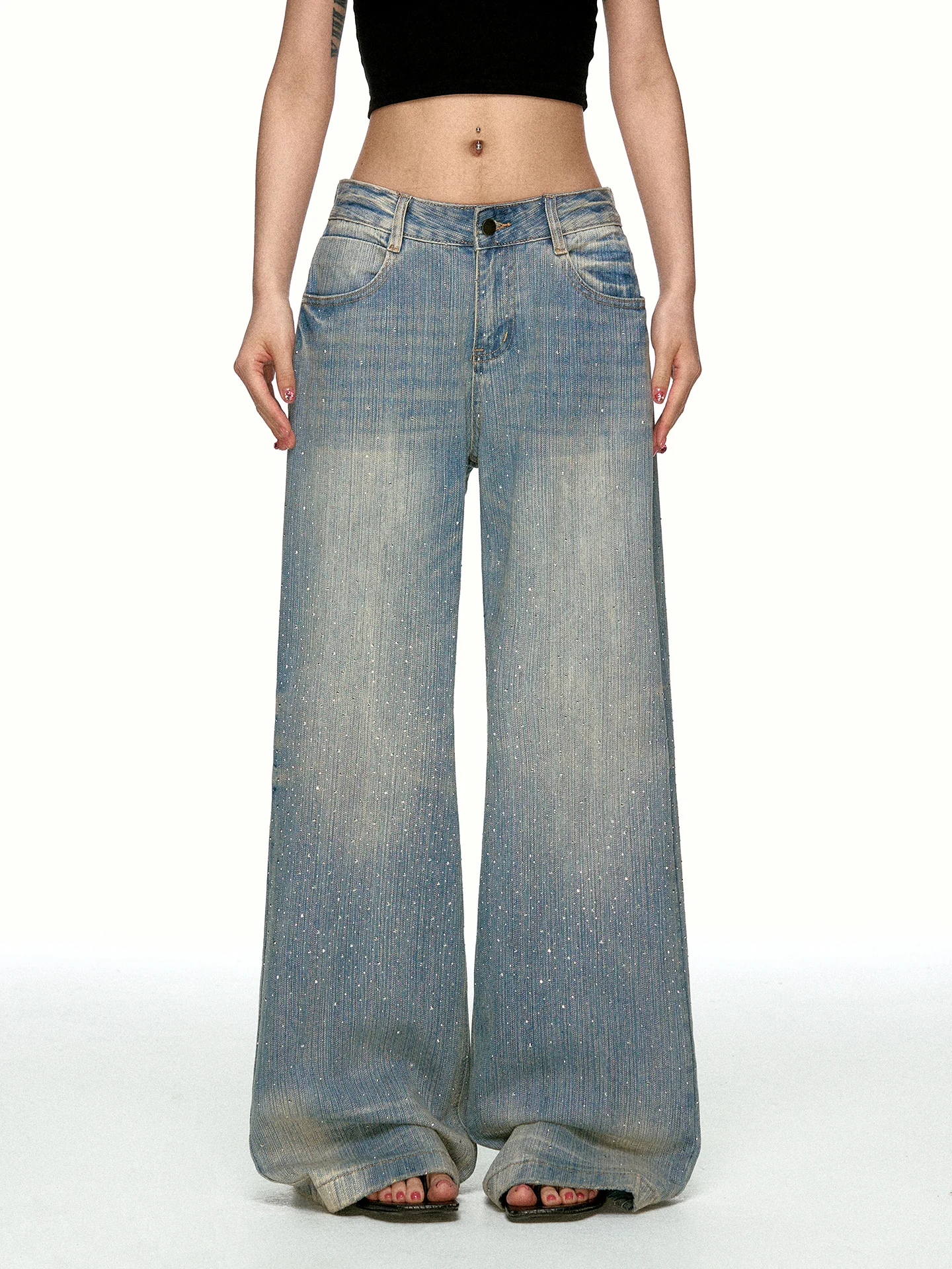 Aaisup Blue Retro Rhinestone Wide Leg Jeans Women's Loose Slimming Lightning Pattern Straight Leg Pants