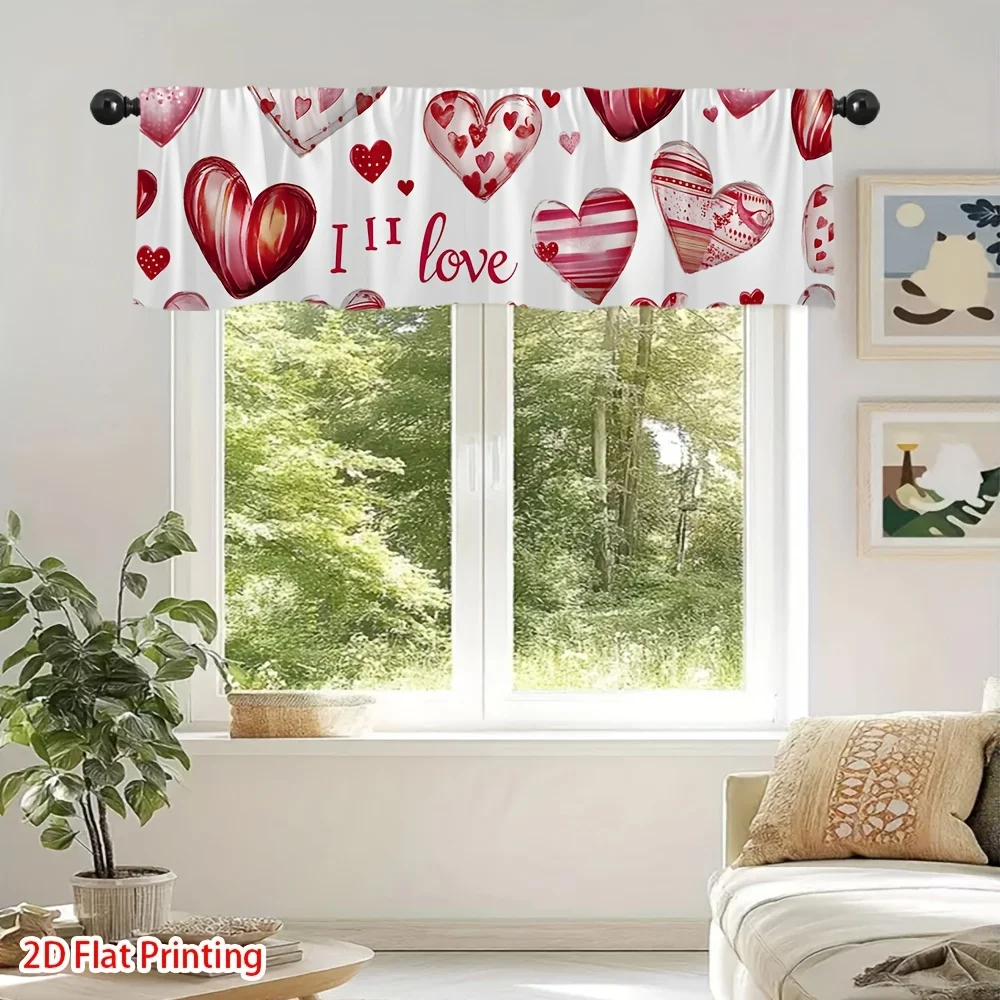 

1pc Romantic Heart Pattern Valance Curtain - 2D Flat Printing, Red & Heart Design, Easy to Install with Rod Pocket