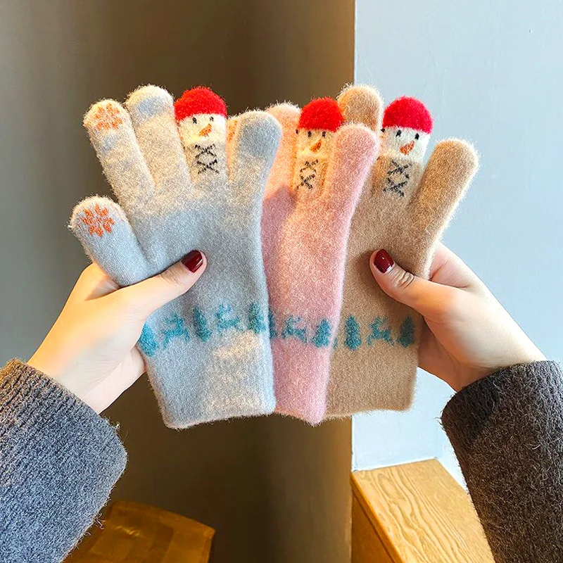 

Winter Knitted Gloves Five Fingers Mittens Little Snowman Christmas Tree Pattern Warm Thick Women Fashion Cute Casual