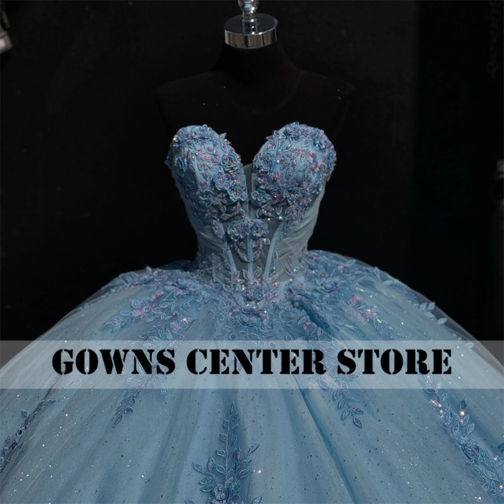 Glitter Blue Lace Applique Sweetheart Ball Gown Quinceanera Dress Mexican Princess Sweet 15 Dress Corset Vestidos De 15 Año